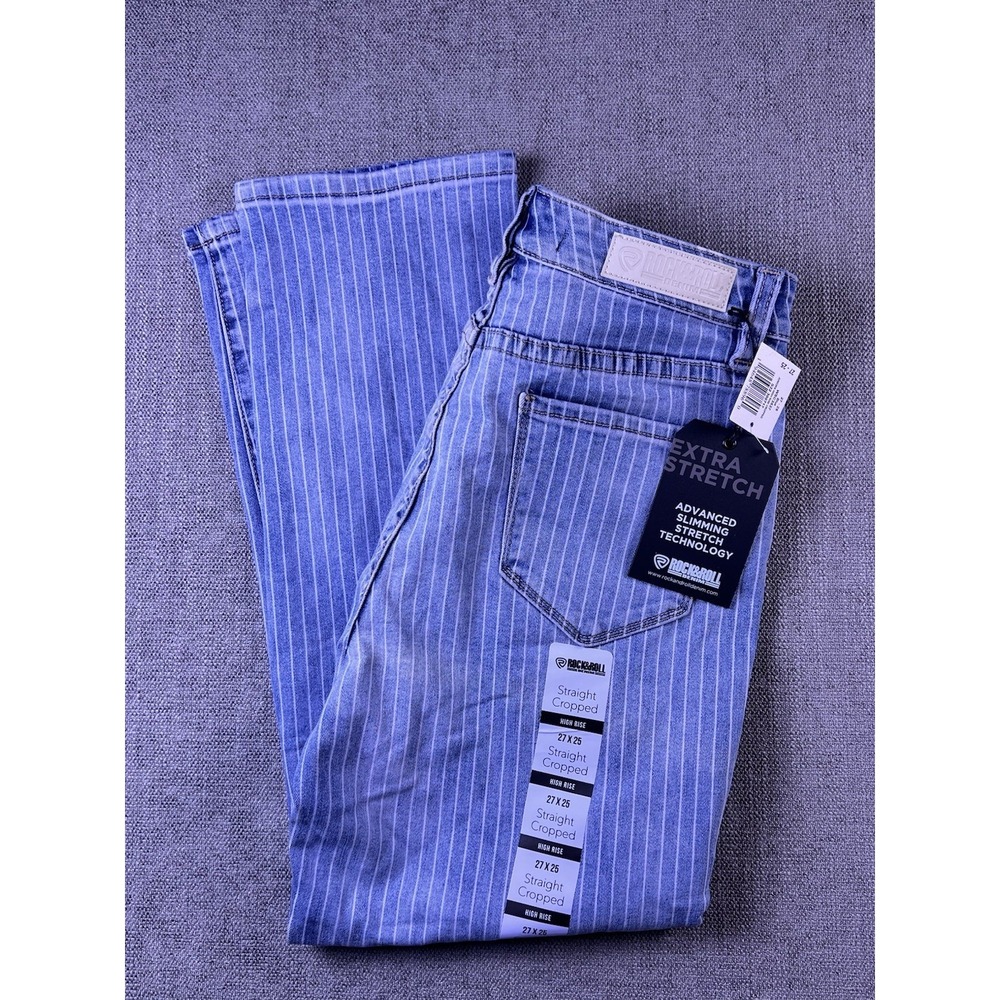 Rock & Roll Jeans Women's 27x25 Straight Cropped Blue Pinstriped Stretch NWT